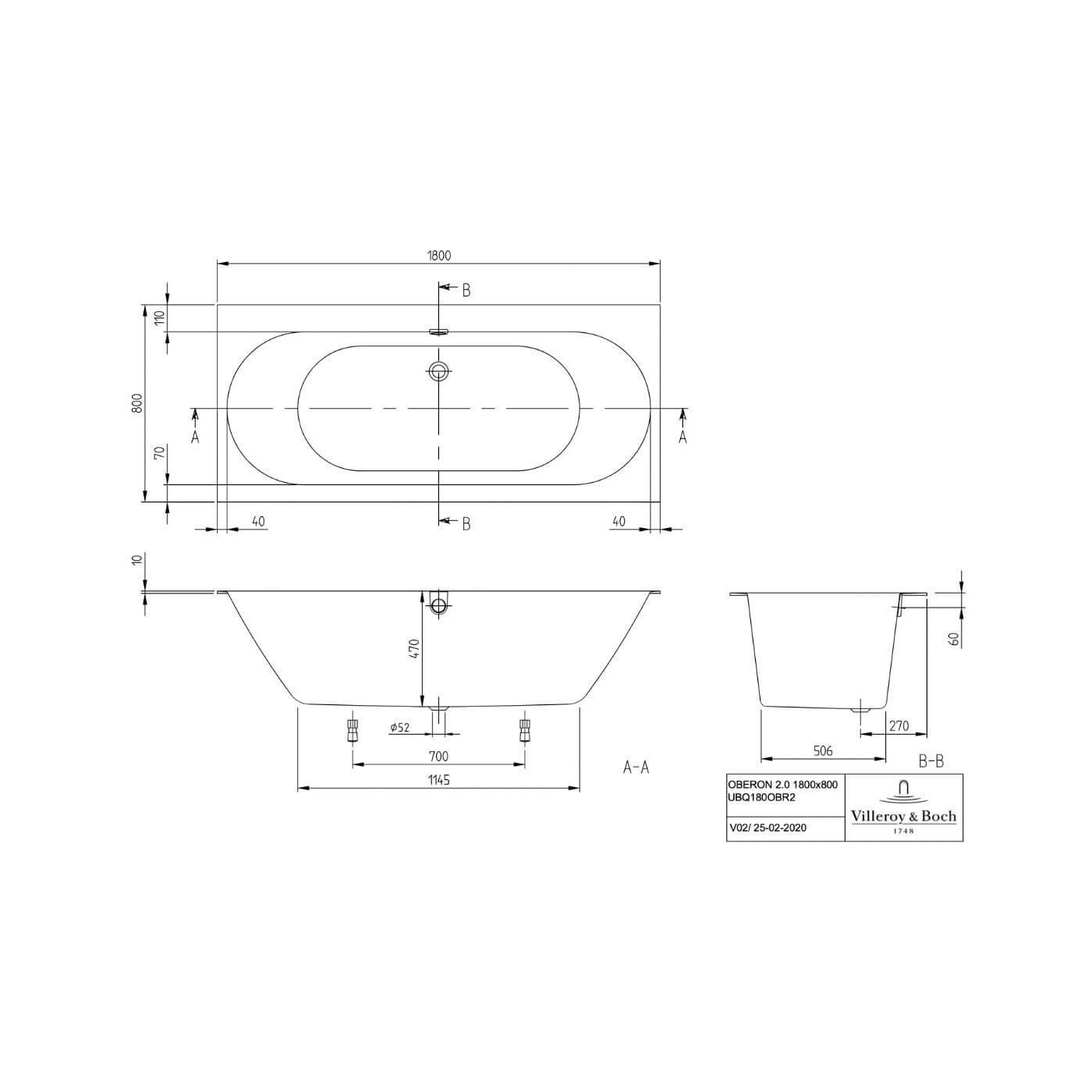 Wanna Prostokątna Oberon 2.0 180x80 Weiss Alpin UBQ180OBR2DV-01 Villeroy&Boch