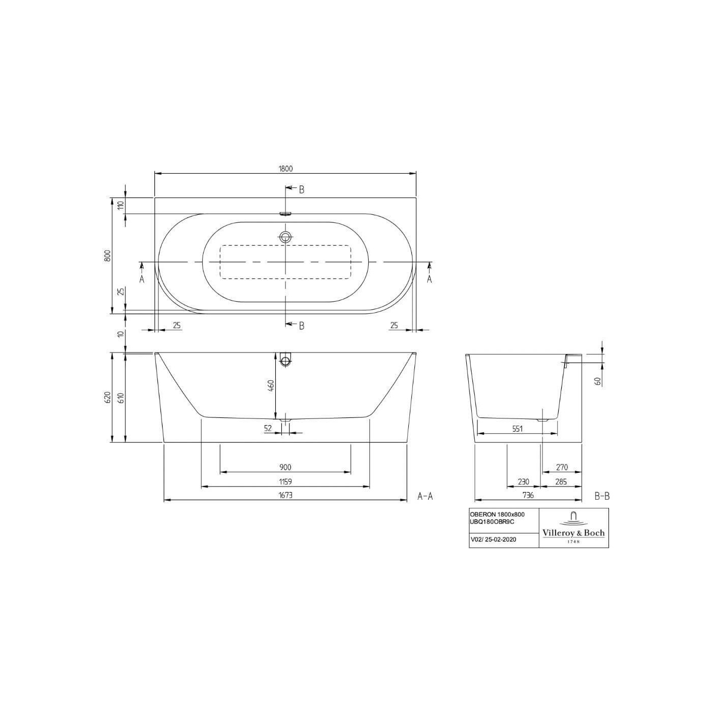 Wanna Przyścienna Oberon 2.0 180x80 Weiss Alpin UBQ180OBR9CD00V-01 Villeroy&Boch