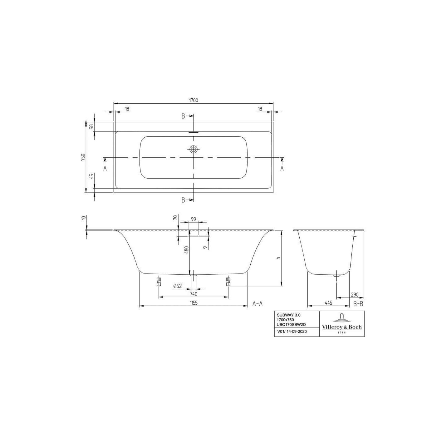 Wanna Prostokątna Subway 3.0 170x75 Weiss Alpin UBQ170SBW2DV-01 Villeroy&Boch