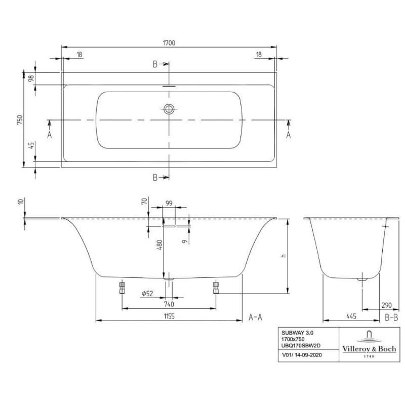 Wanna Prostokątna Subway 3.0 170x75 Weiss Alpin UBQ170SBW2DV-01 Villeroy&Boch