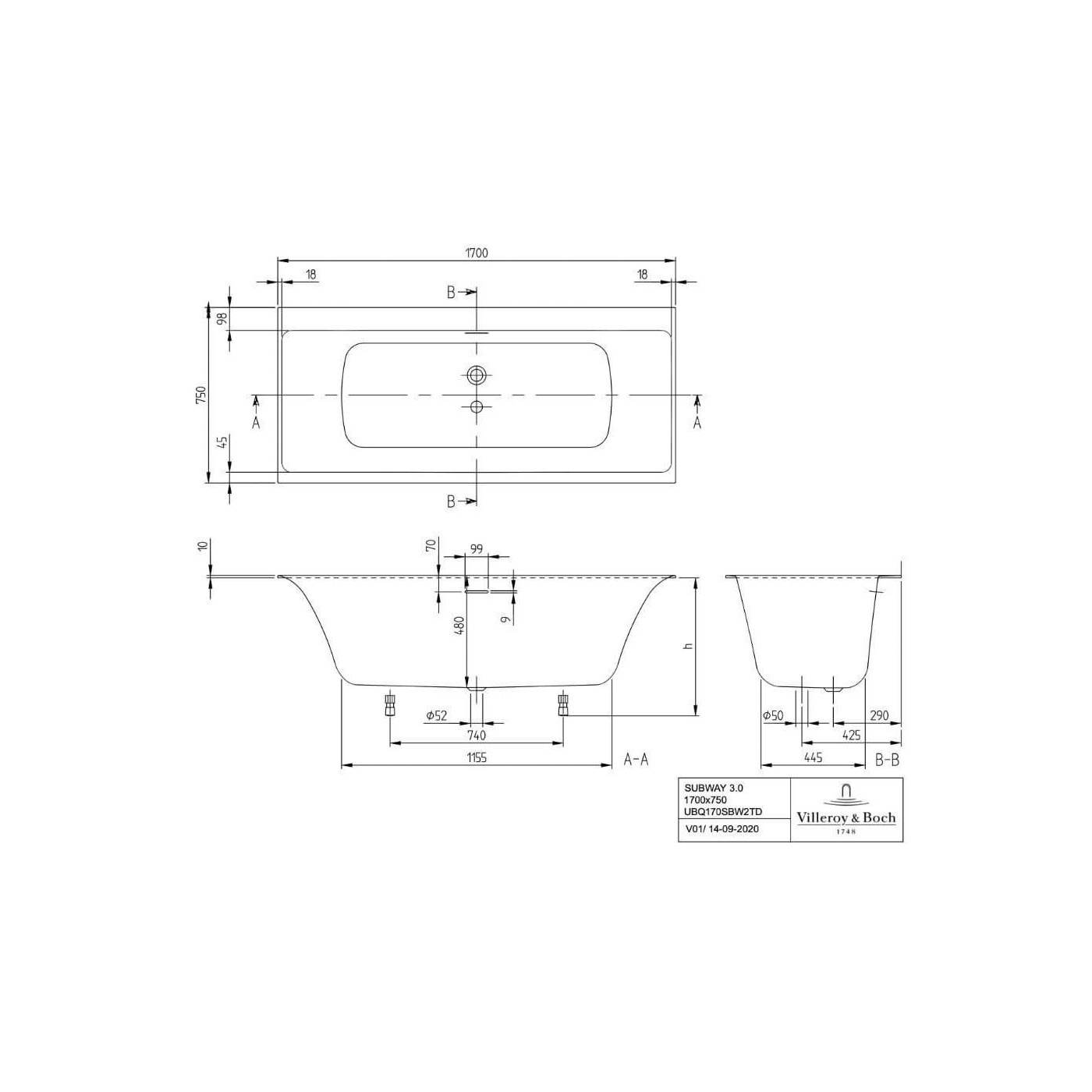 Wanna Prostokątna Subway 3.0 170x75 Weiss Alpin UBQ170SBW2TDV-01 Villeroy&Boch