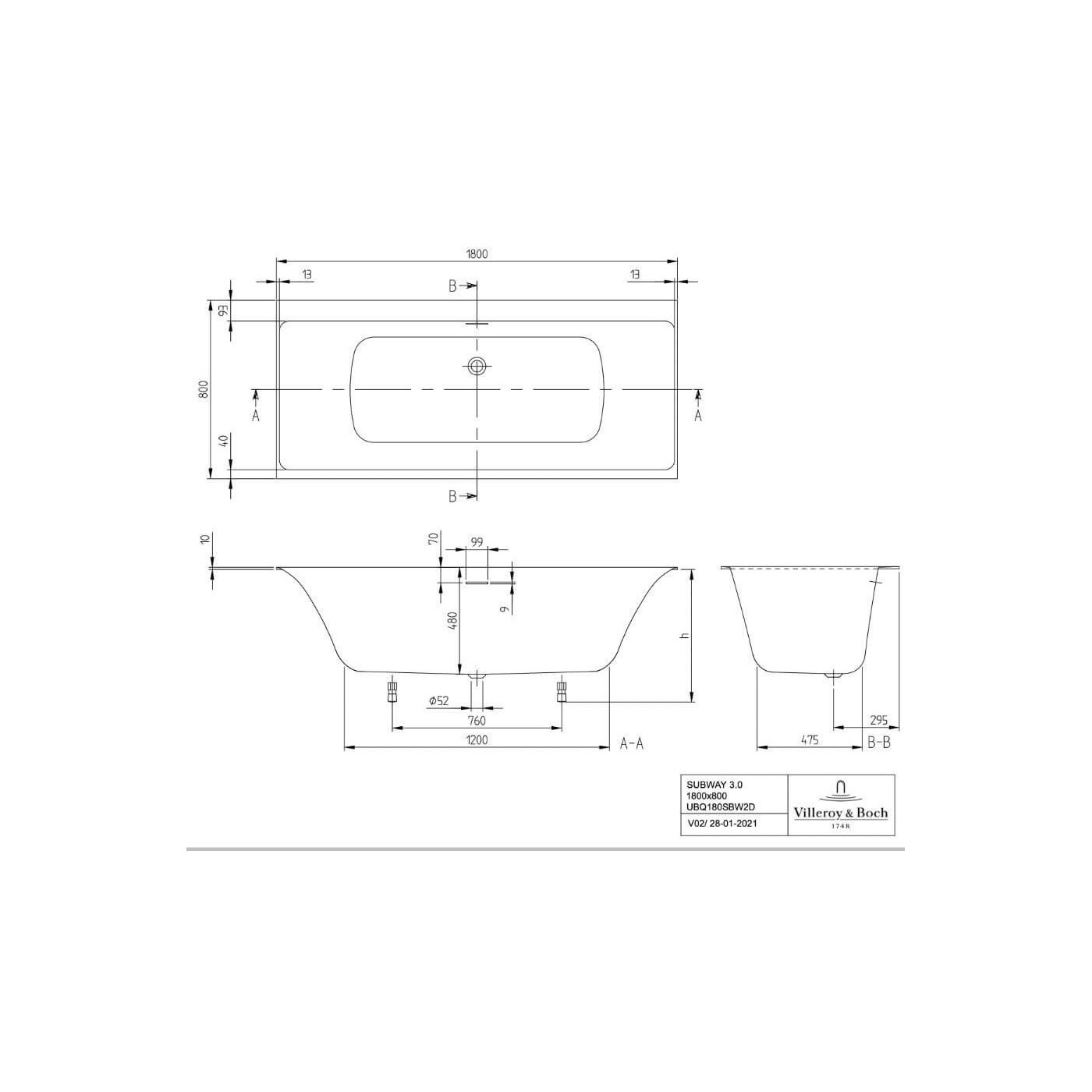 Wanna Prostokątna Subway 3.0 180x80 Weiss Alpin UBQ180SBW2DV-01 Villeroy&Boch