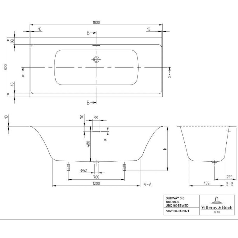 Wanna Prostokątna Subway 3.0 180x80 Weiss Alpin UBQ180SBW2DV-01 Villeroy&Boch