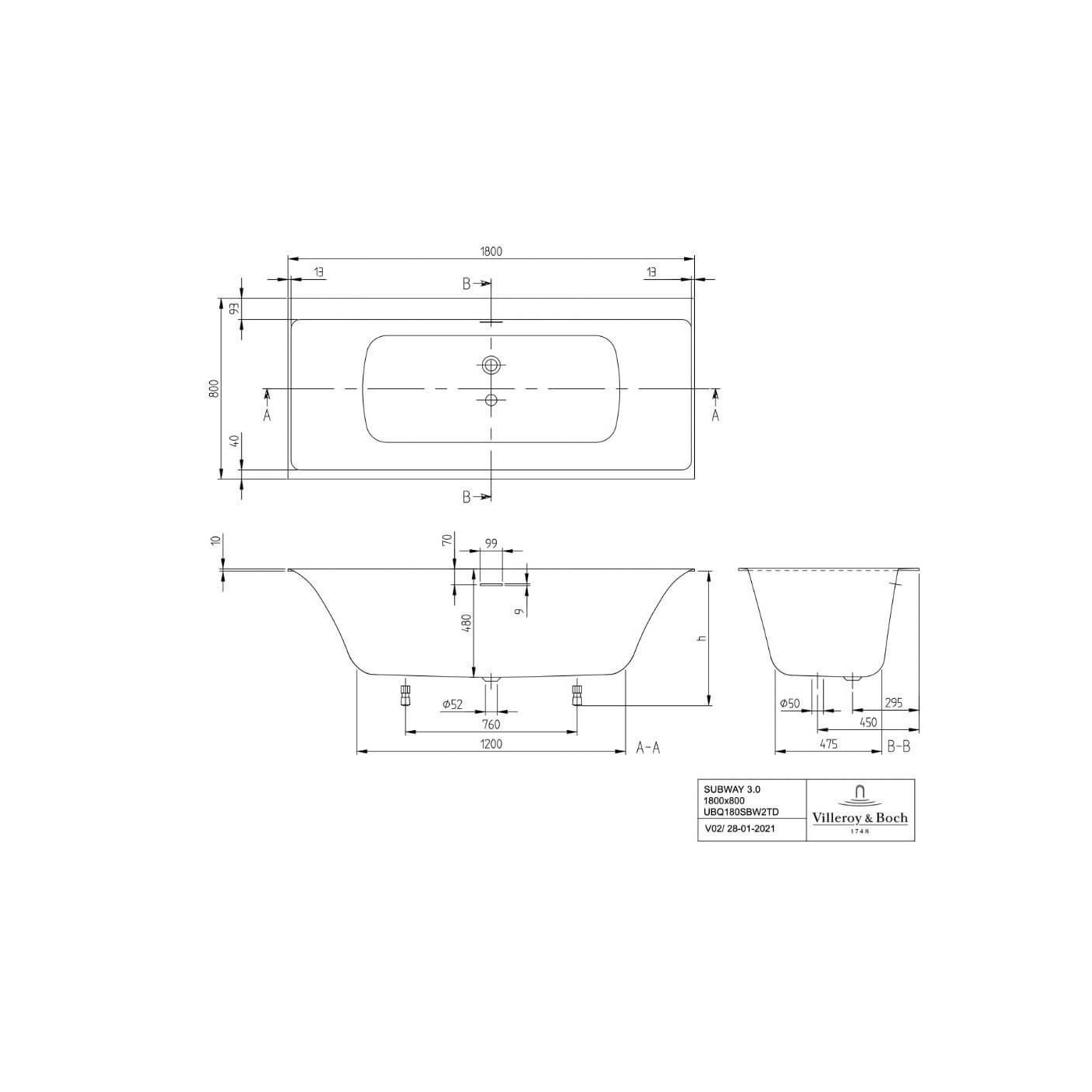 Wanna Prostokątna Subway 3.0 180x80 Weiss Alpin UBQ180SBW2TDV-01 Villeroy&Boch