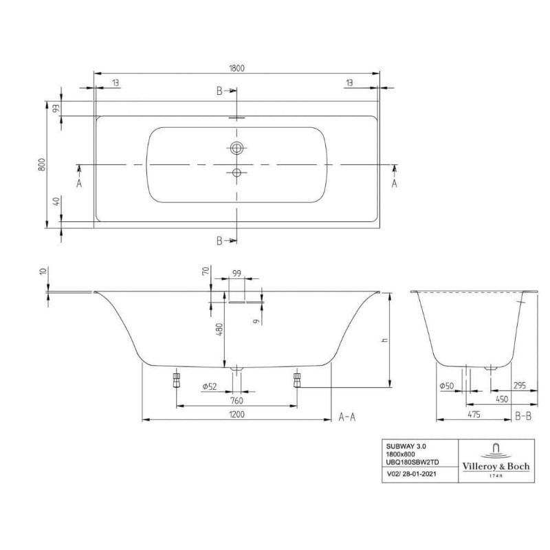 Wanna Prostokątna Subway 3.0 180x80 Weiss Alpin UBQ180SBW2TDV-01 Villeroy&Boch