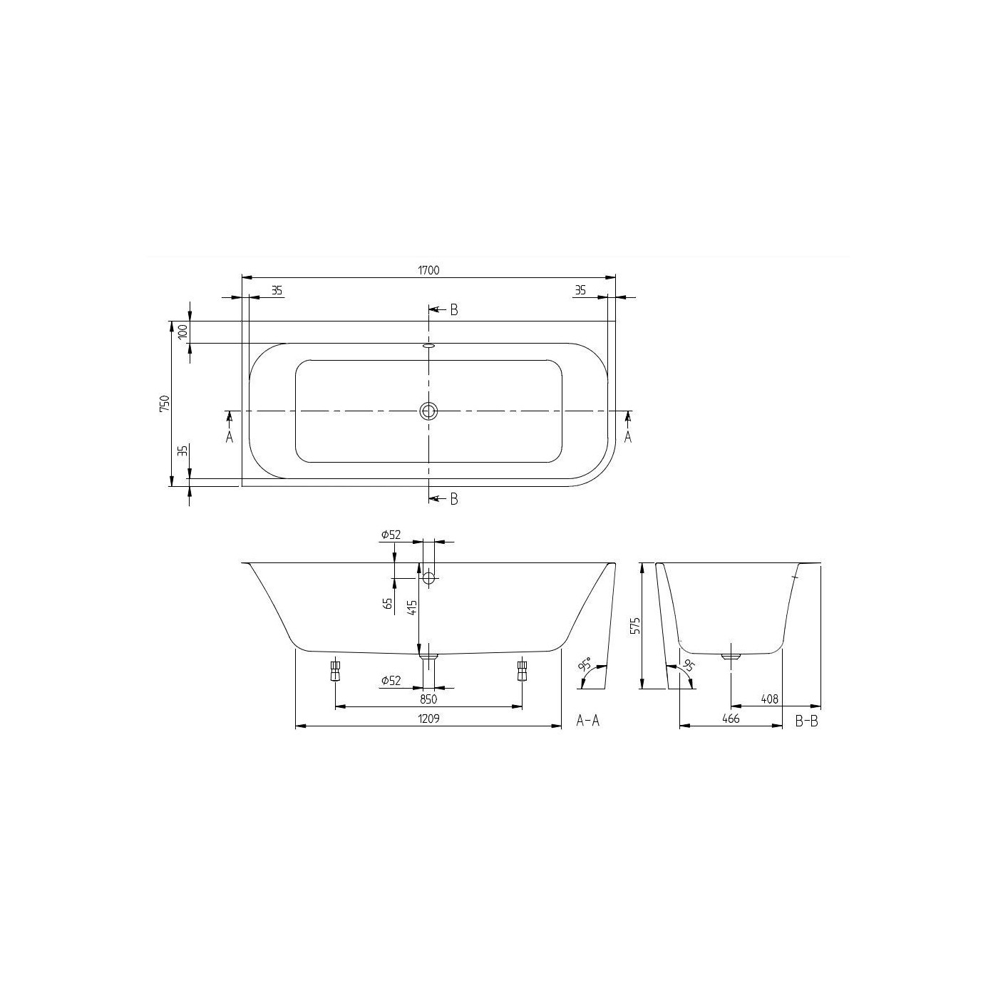 Wanna Wolnostojąca Architectura 170x75 UBA170ARE9CL00V-01 Villeroy&Boch