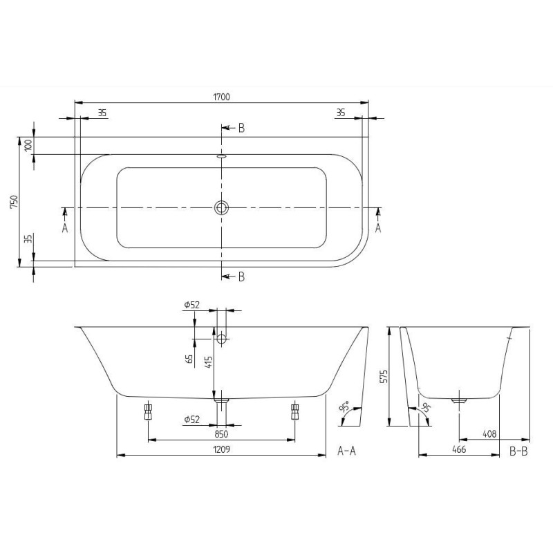 Wanna Wolnostojąca Architectura 170x75 UBA170ARE9CL00V-01 Villeroy&Boch