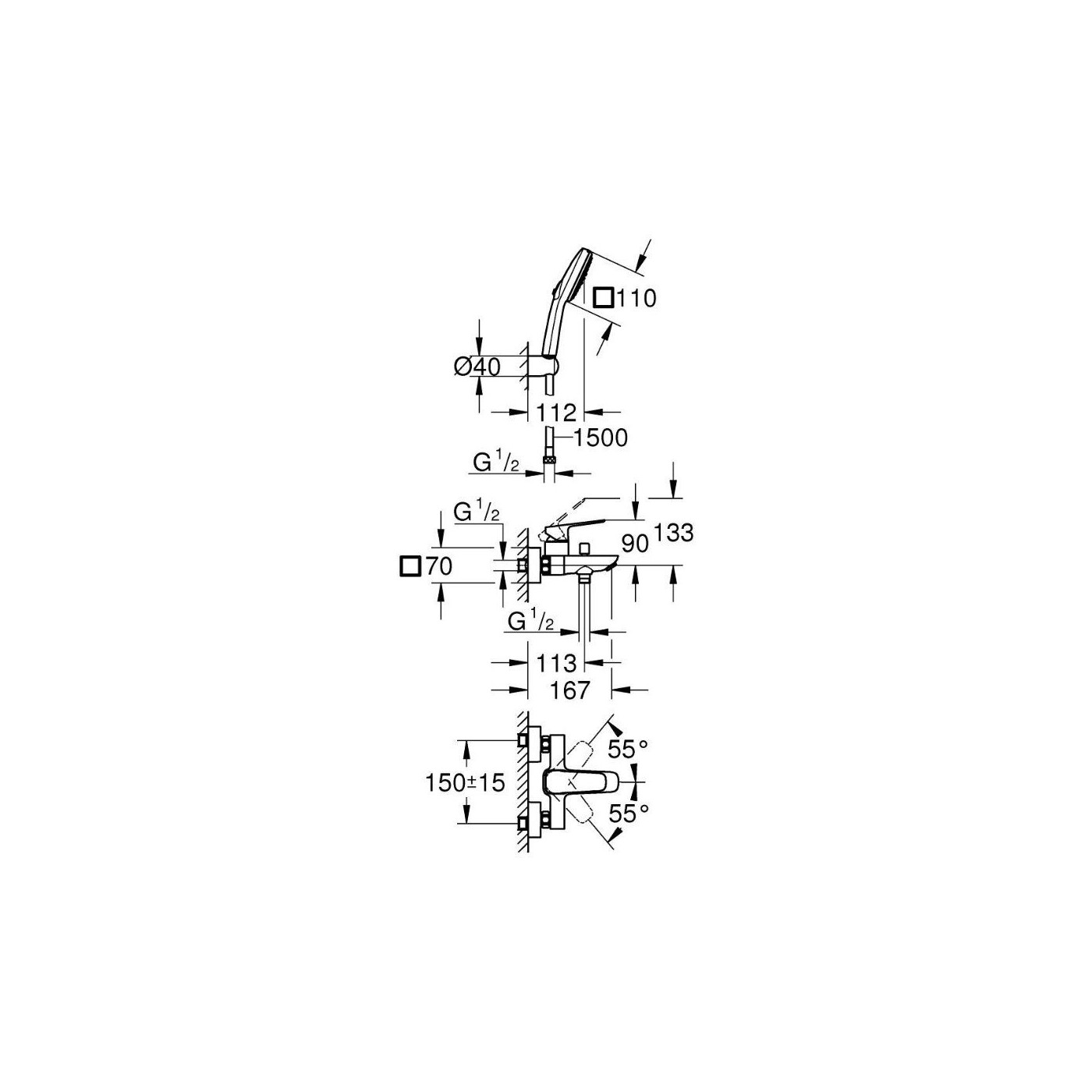 Bateria Wannowa Z Zestawem Prysznicowym Tempesta Cube 110 Cubeo Matte Black 1018142430 Grohe