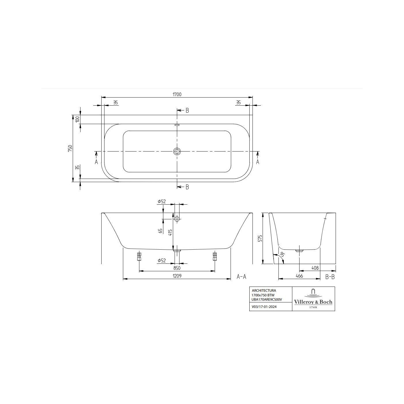 Wanna Wolnostojąca Przyścienna Architectura 170x75 UBA170ARE9CS00V 01 Villeroy&Boch