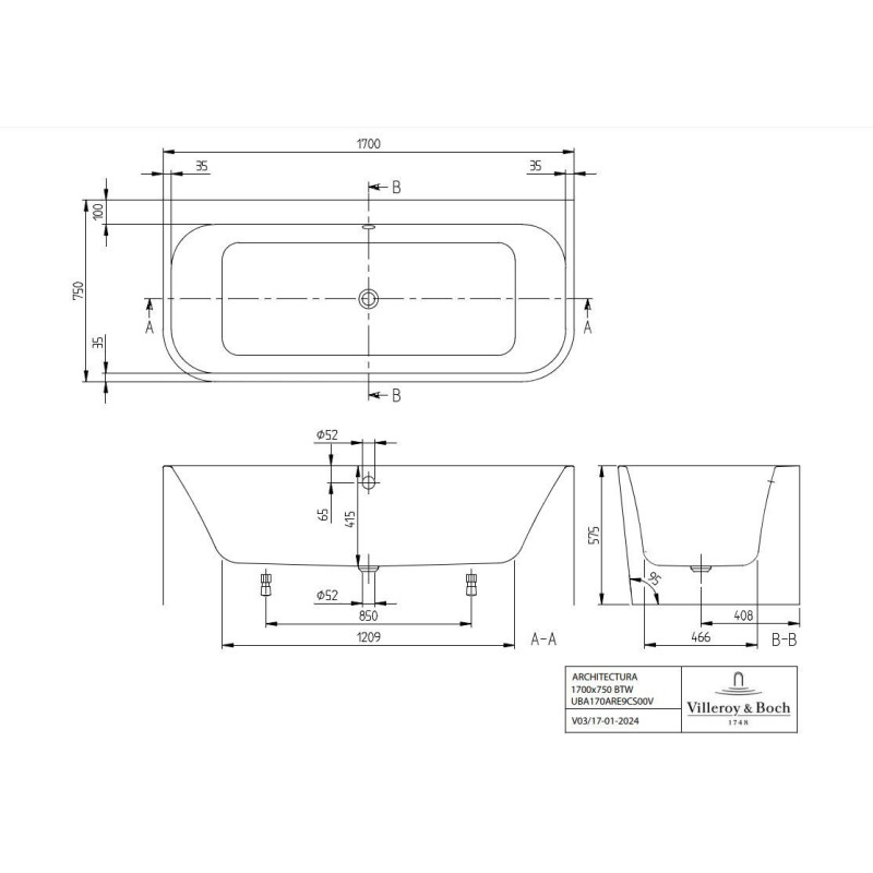 Wanna Wolnostojąca Przyścienna Architectura 170x75 UBA170ARE9CS00V 01 Villeroy&Boch