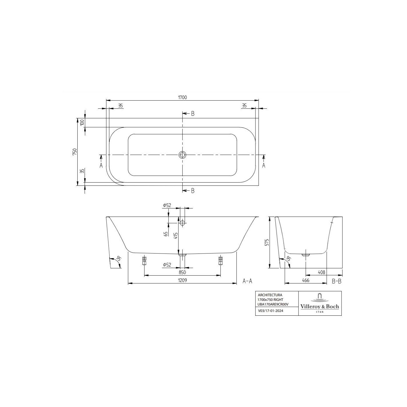 Wanna Wolnostojąca Przyścienna Narożna Prawa Architectura 170x75 UBA170ARE9CR00V-01 Villeroy&Boch