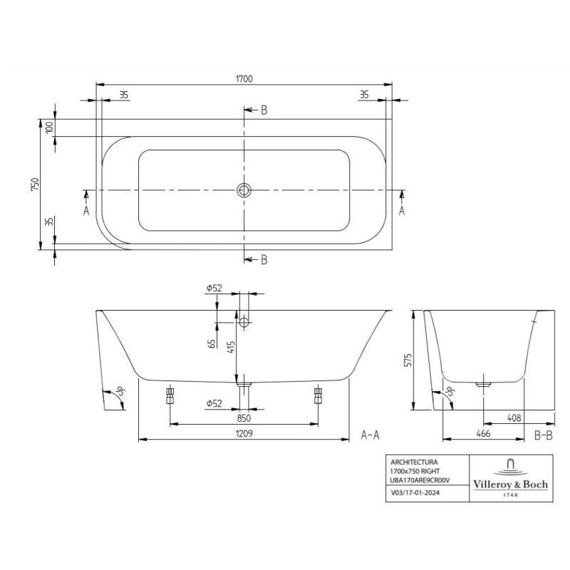 Wanna Wolnostojąca Przyścienna Narożna Prawa Architectura 170x75 UBA170ARE9CR00V-01 Villeroy&Boch