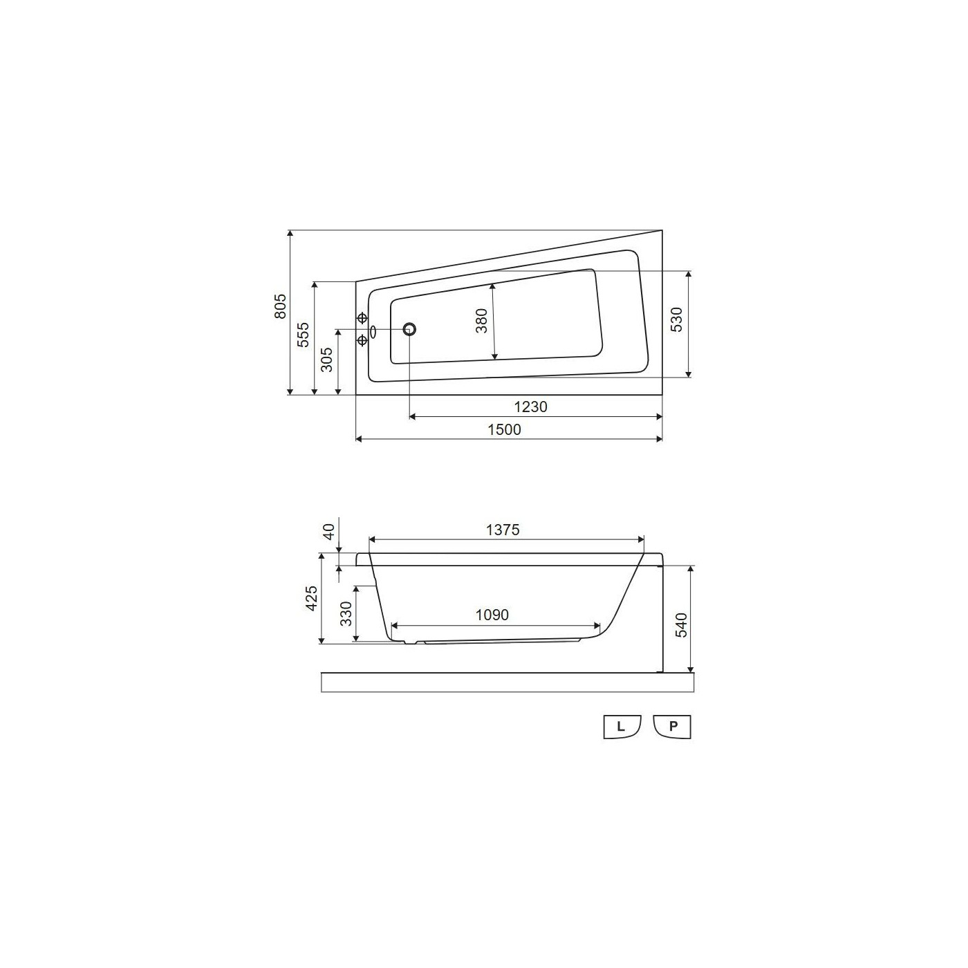 Wanna Narożna Lewa 150x80 cm Ava Side Biały Połysk WAEX.AVL15WH Excellent