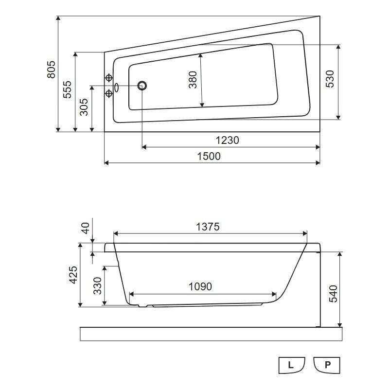 Wanna Narożna Prawa 150x80 cm Ava Side Biały Połysk WAEX.AVP15WH Excellent