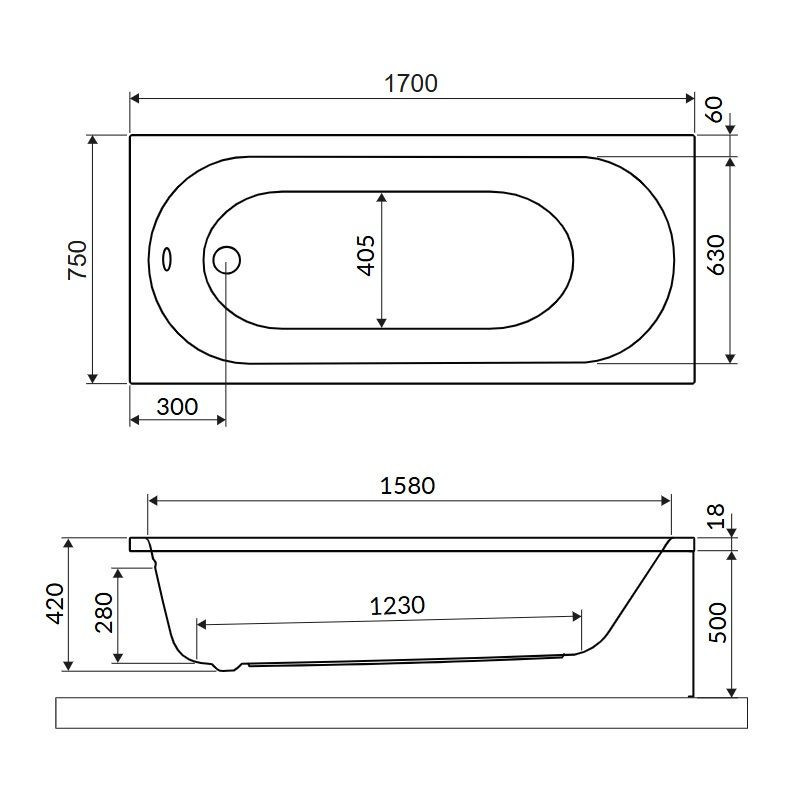 Wanna Prostokątna 170x75 cm Oceana Slim Mono Biały Połysk WAEX.OCM.170.75WHS Excellent