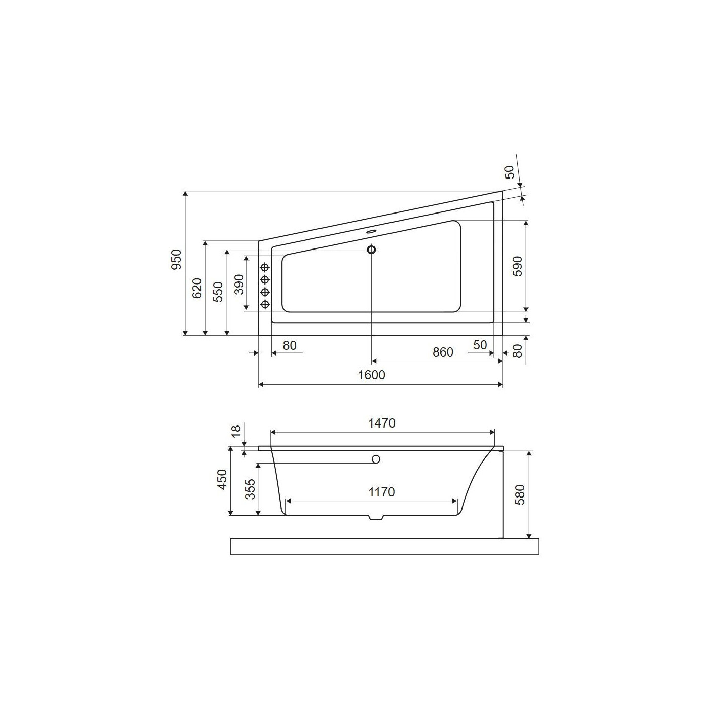 Wanna Narożna Lewa 160x95 cm M-Sfera Slim Biały Połysk WAEX.MSL16WHS Excellent