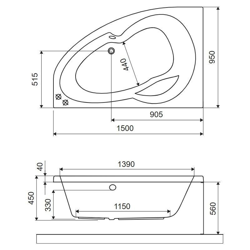 Wanna Narożna Prawa 150x95 cm Newa Plus Biały Połysk WAEX.NEP15WH Excellent