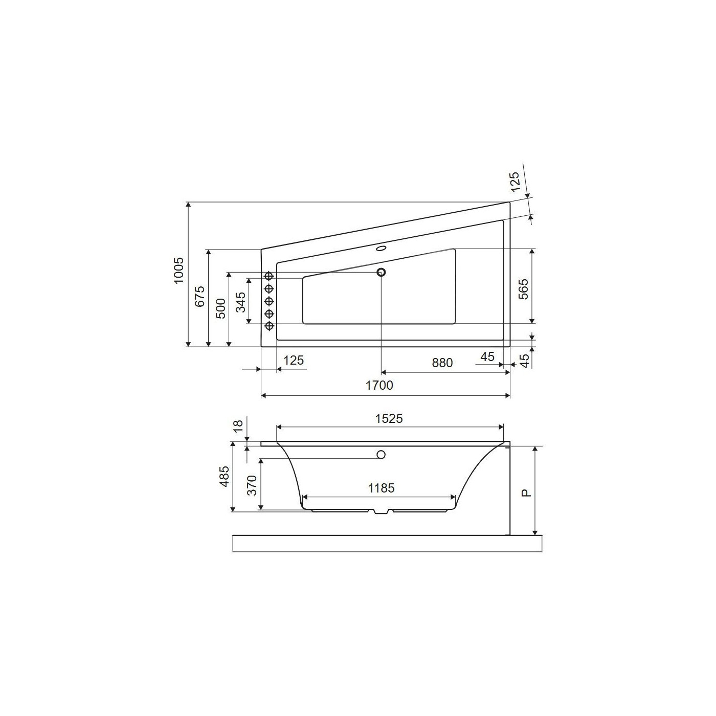 Wanna Narożna Prawa 170x100 cm Sfera Slim Biały Połysk WAEX.SFP17WHS Excellent
