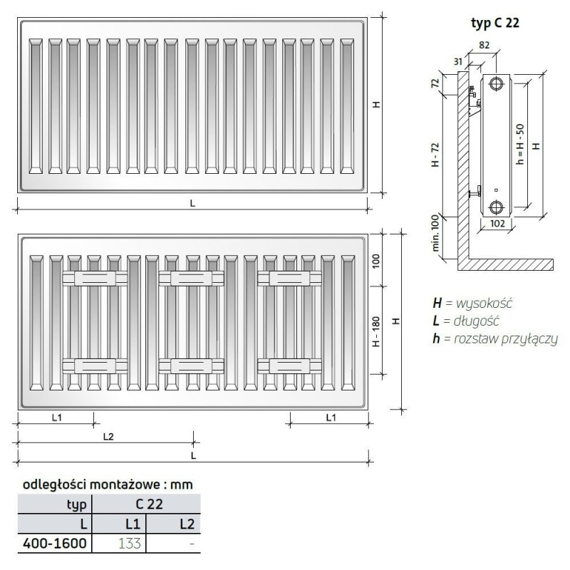 Grzejnik Stalowy Płytowy Z Podłączeniem Bocznym Compact C22 550x600 mm Biały RAL9016 F062205506010300 Purmo