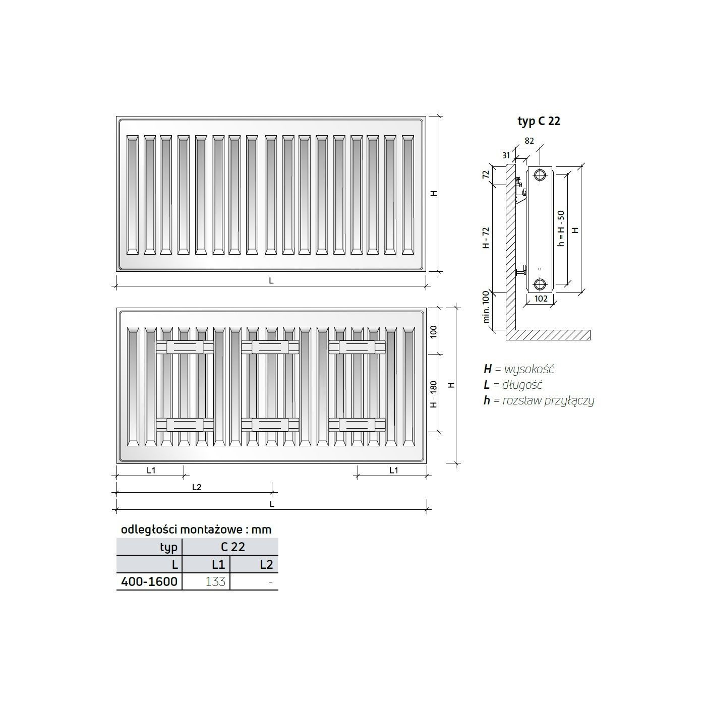 Grzejnik Stalowy Płytowy Z Podłączeniem Bocznym Compact C22 550x700 mm Biały RAL9016 F062205507010300 Purmo