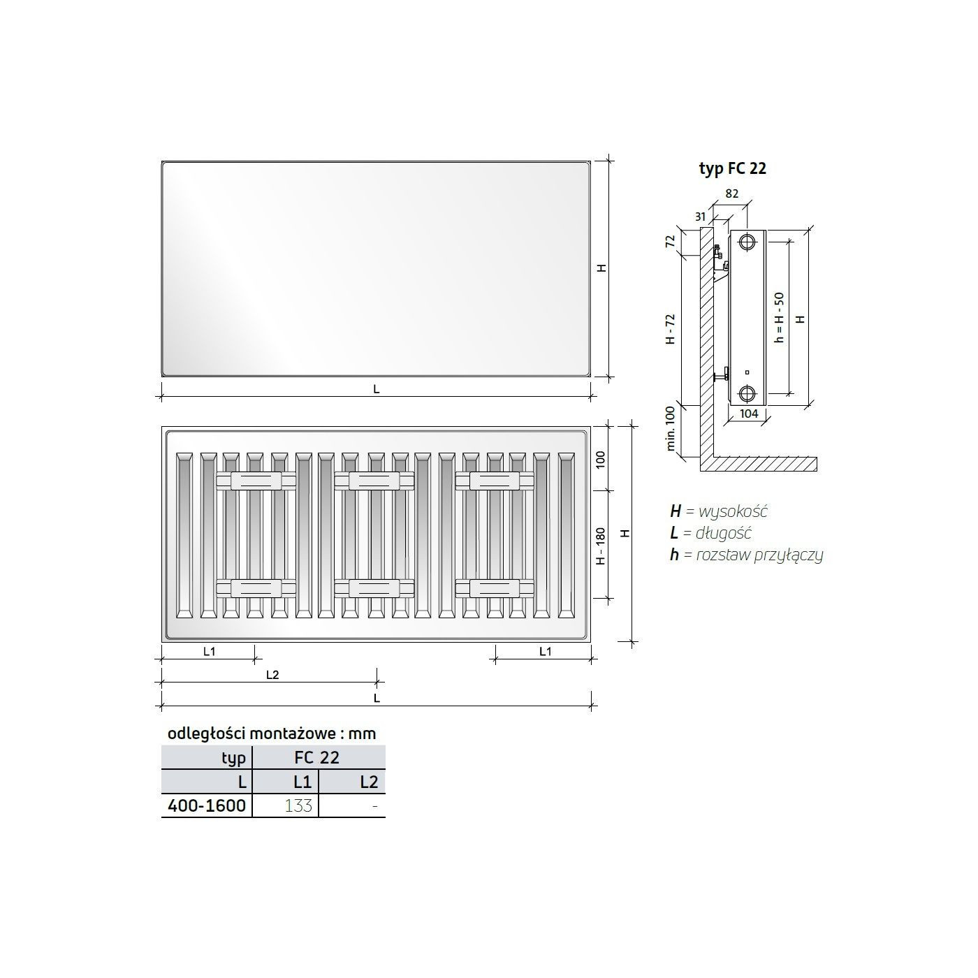 Grzejnik Stalowy Z Gładką Płytą Czołową Podłączenie Boczne Plan Compact FC22 600x800 mm Biały F092206008010300 Purmo