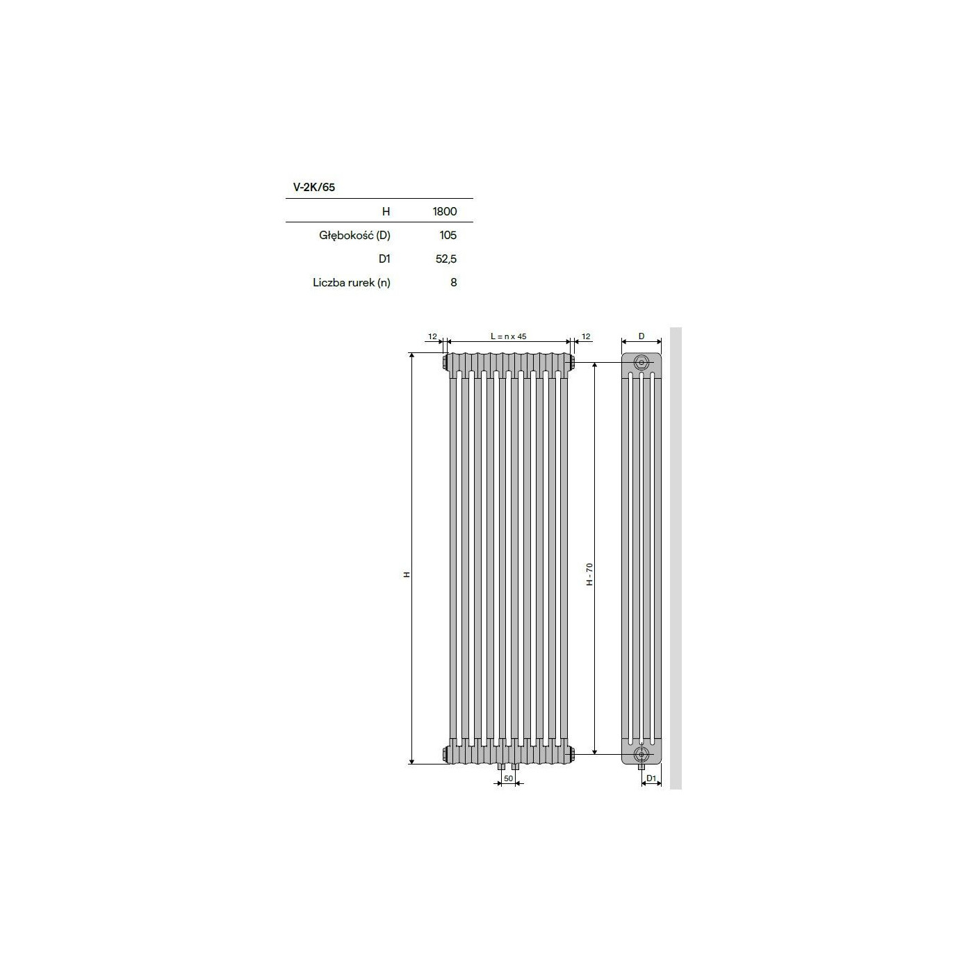 Grzejnik Pionowy 2-Kolumnowy Ritmo V-2K/65 0270x1800 9016 Vasco