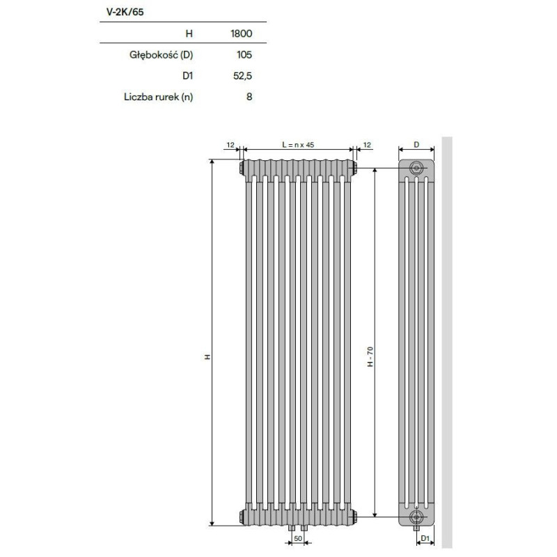 Grzejnik Pionowy 2-Kolumnowy Ritmo V-2K/65 0270x1800 9016 Vasco