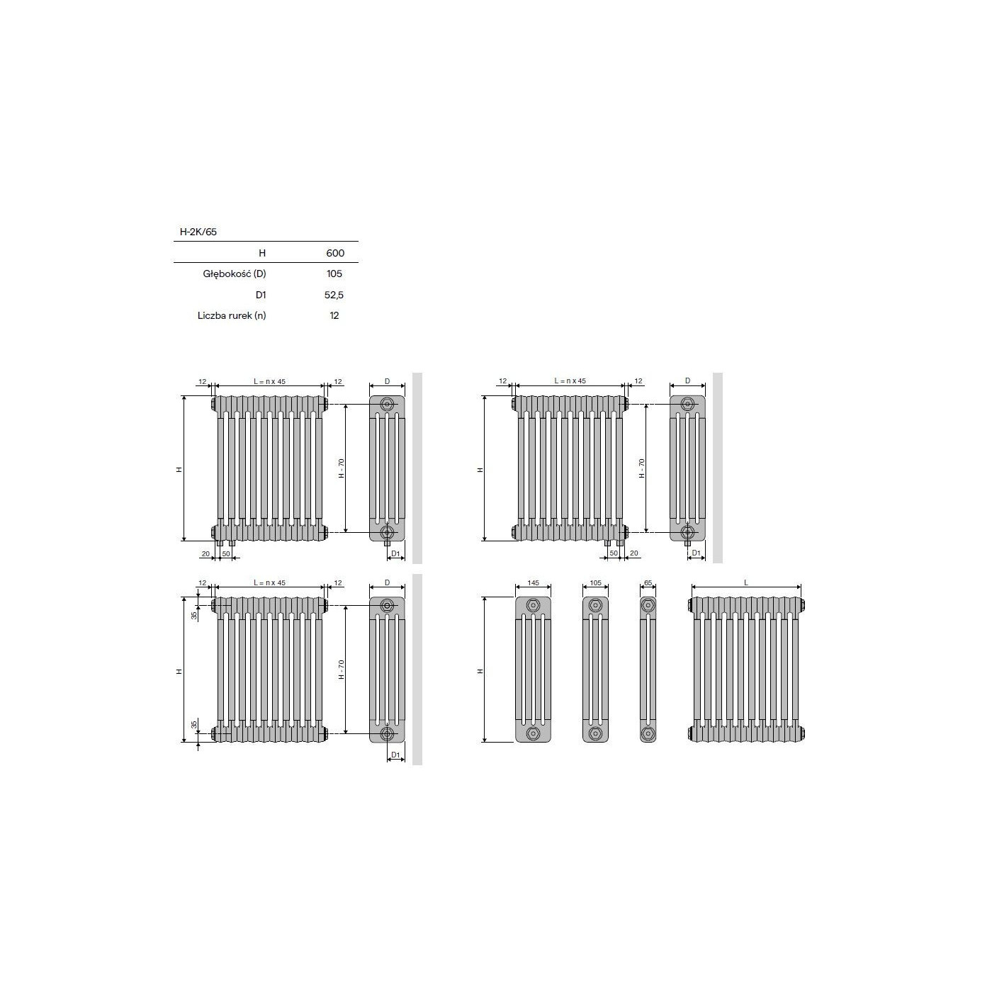 Grzejnik Poziomy 2-Kolumnowy Ritmo H-2K/65 0540x0600 9016 Vasco