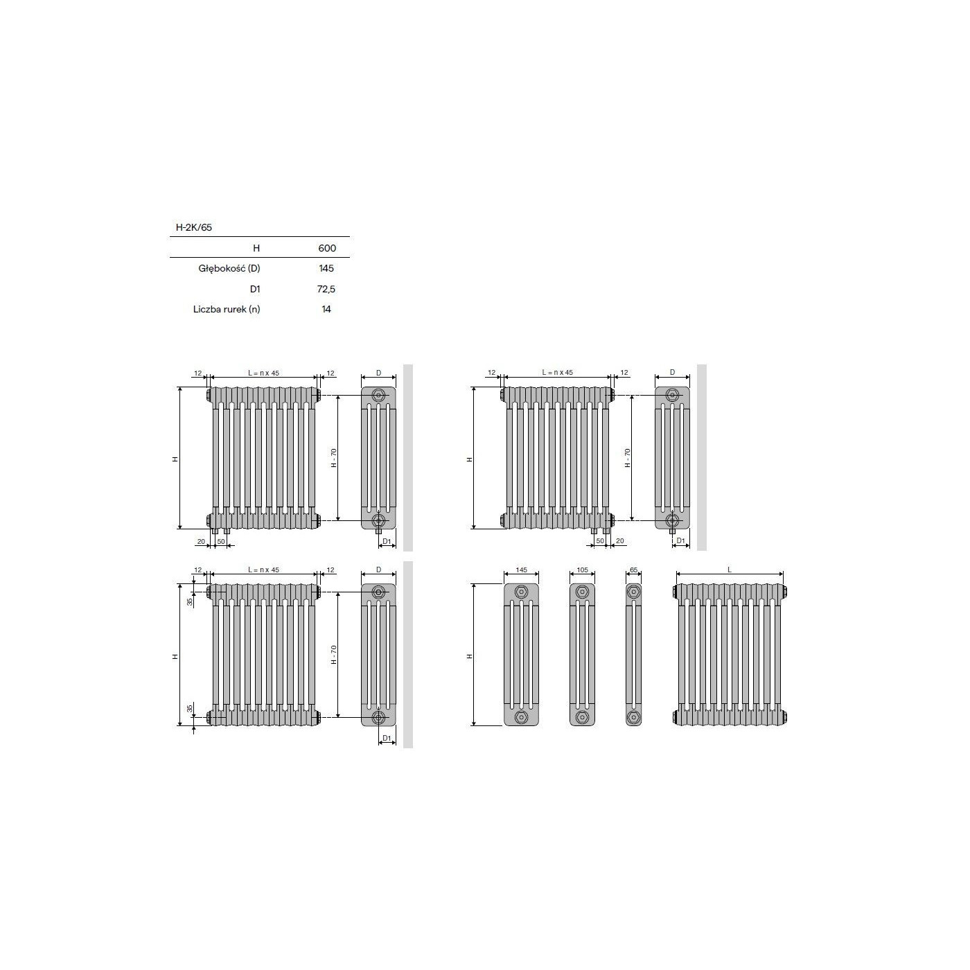 Grzejnik Poziomy 2-Kolumnowy Ritmo H-2K/65 0630x0600 9016 Vasco