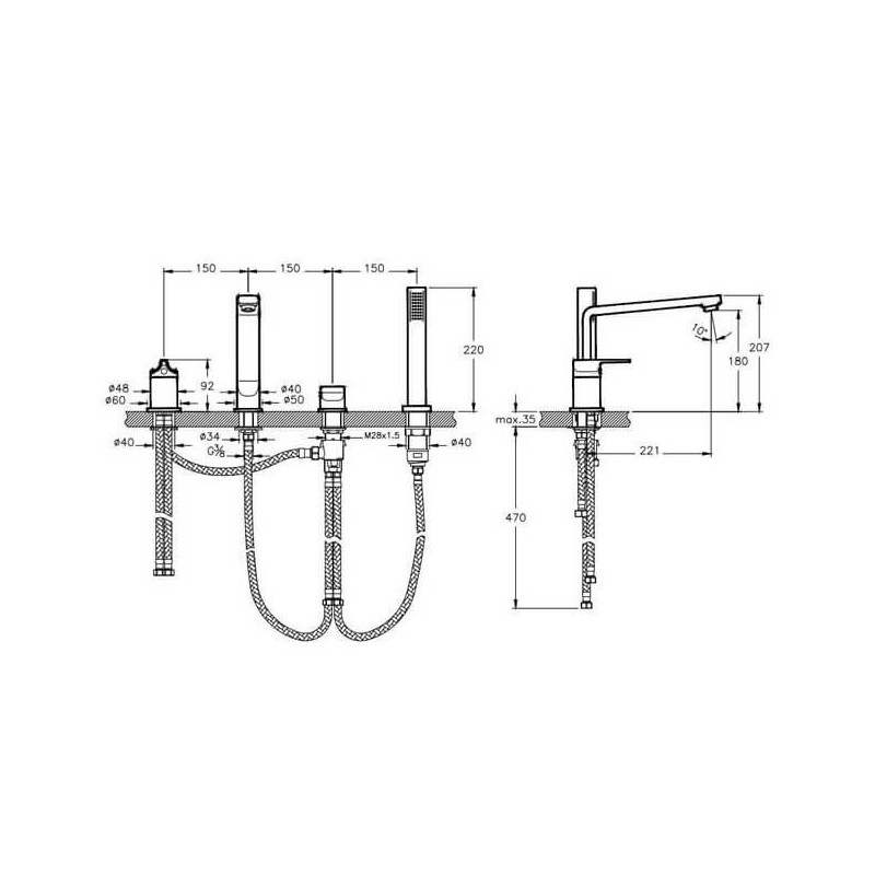 Bateria Wannowa 4-Otworowa Suit L A42529EXP Vitra