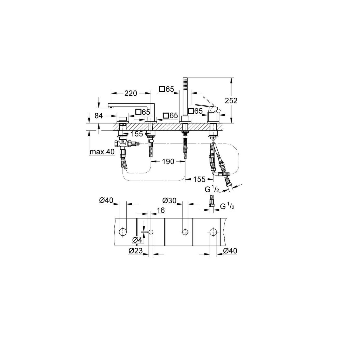 Bateria Wannowa 4-Otworowa Eurocube Brushed Hard Graphite 19897AL1 Grohe