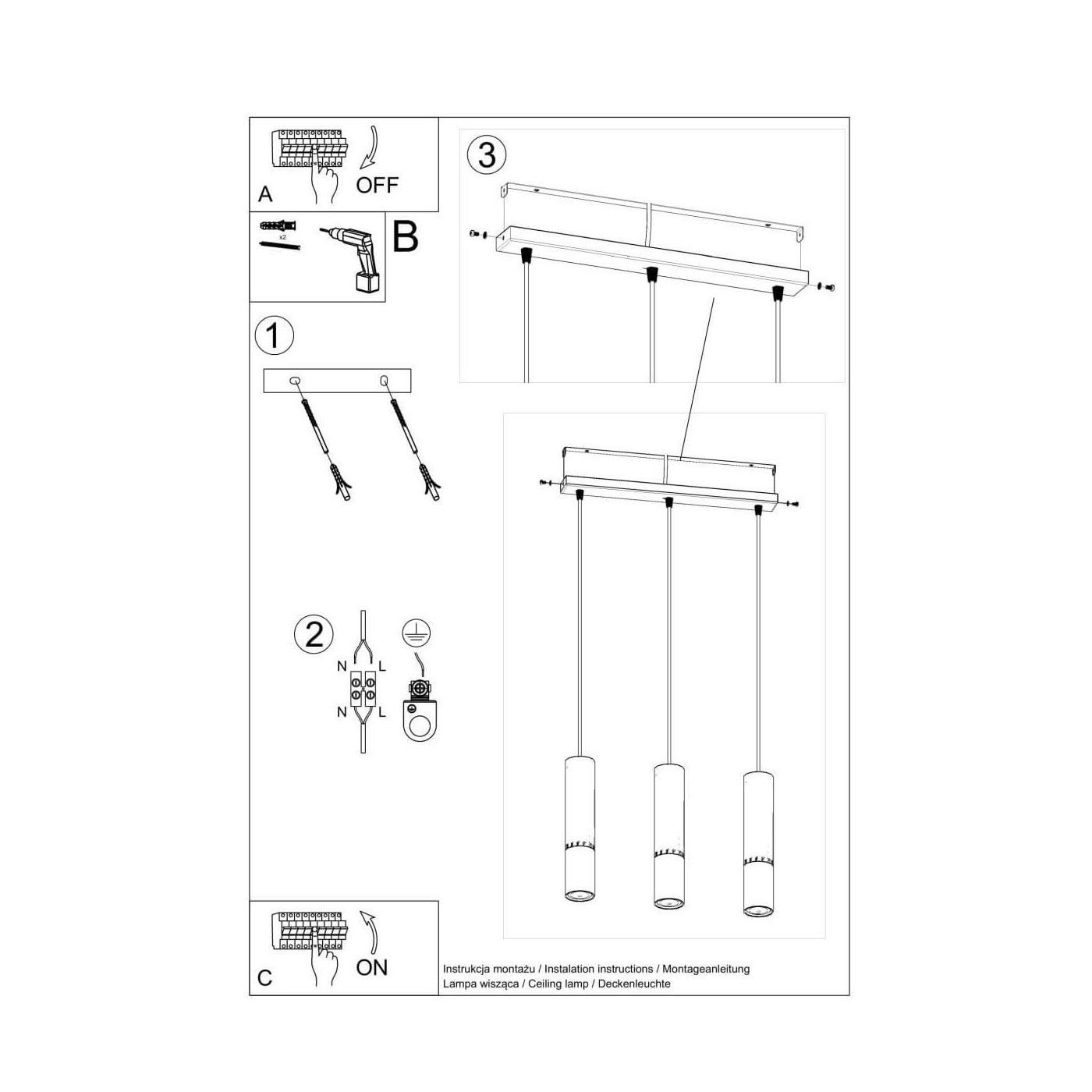 Lampa Wisząca Loopez 3L Czarny/Chrom SL.0942 Sollux