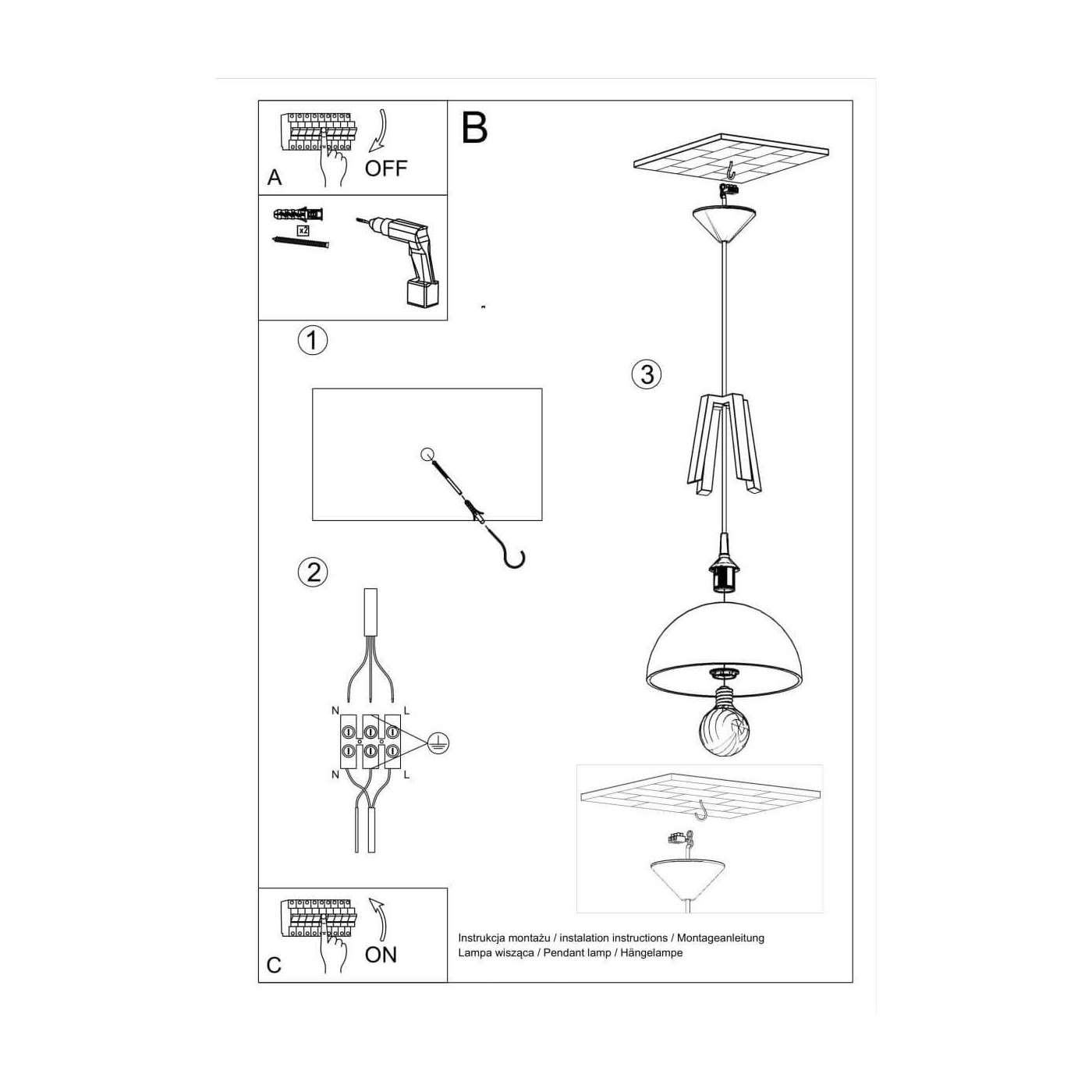 Lampa Wisząca Casco Czarny/Naturalne Drewno SL.0390 Sollux
