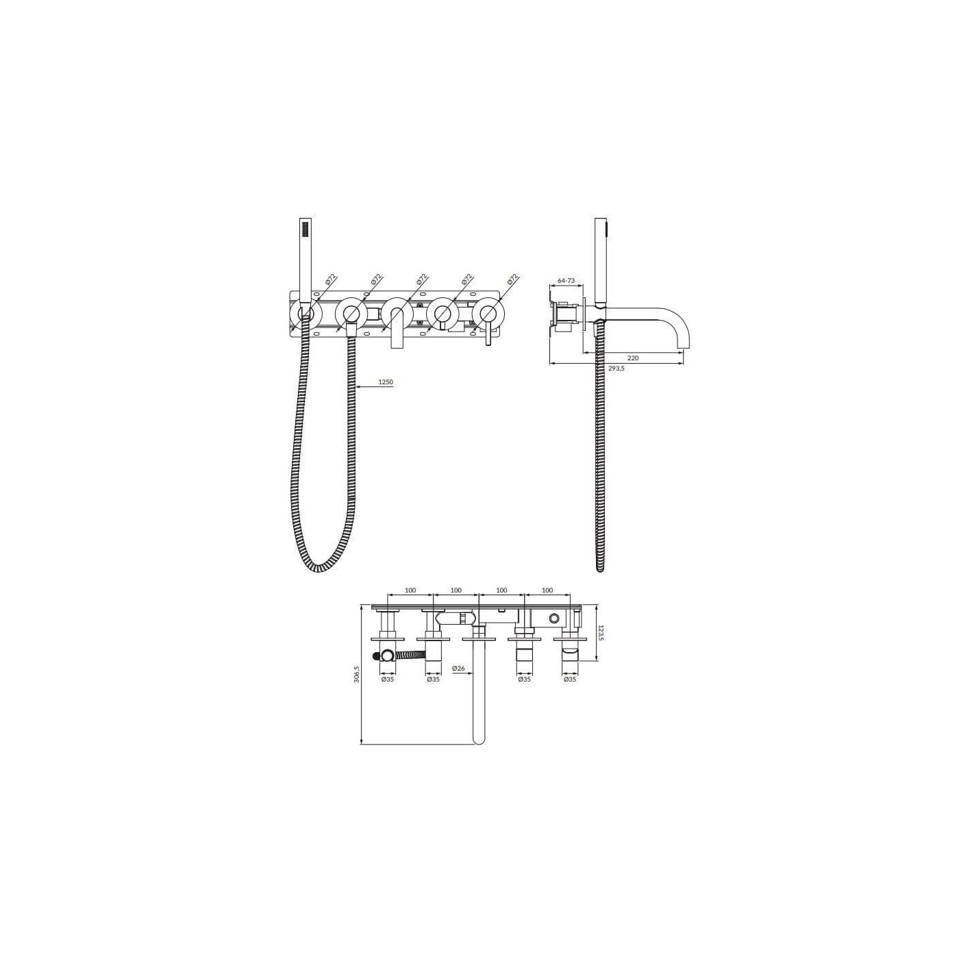 Bateria Wannowa 5-Otworowa Podtynkowa Y Grafit Y1237/1GR Omnires