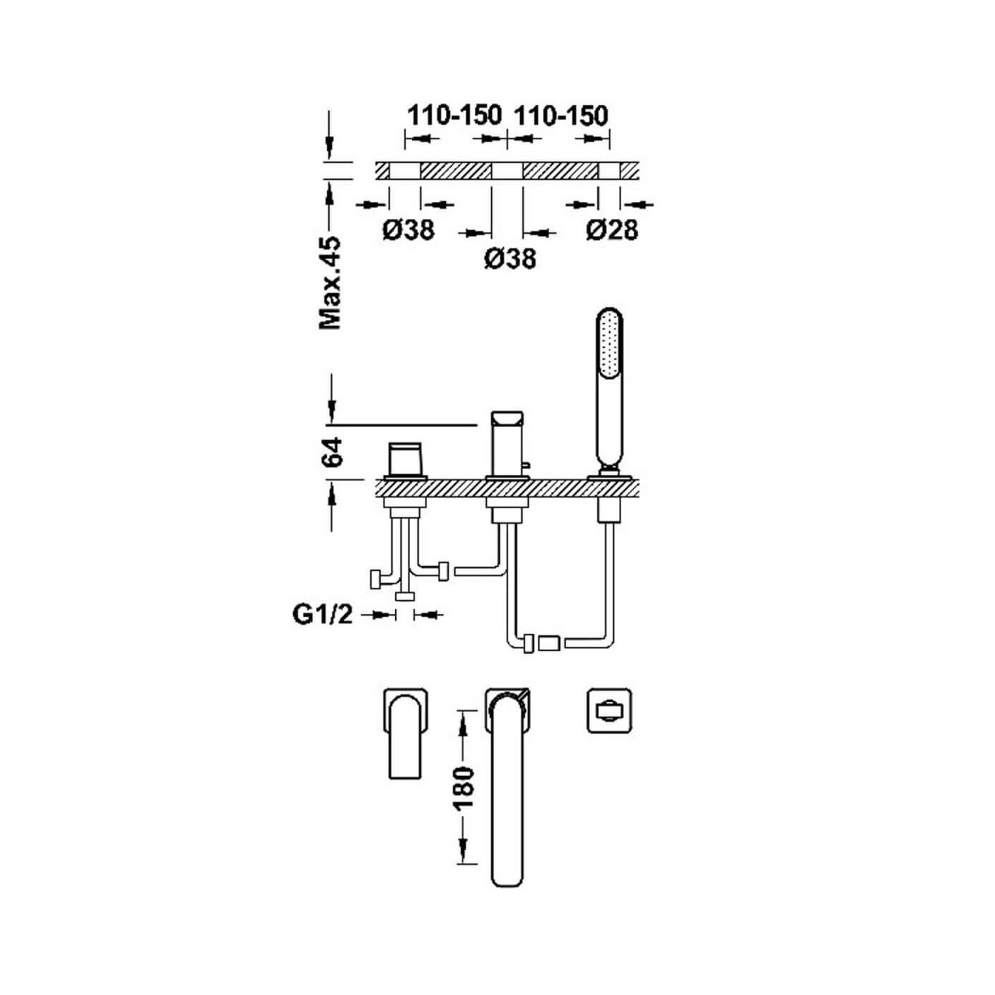 Bateria Wannowa Loft 24-K Złoto Matowe 20016203OM Tres