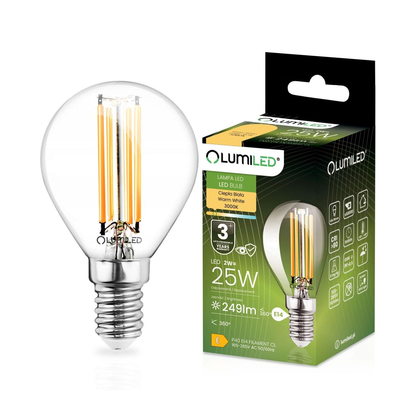 Żarówka LED E14 Kulka P45 2W 249lm 3000K Ciepła 360° Lumiled
