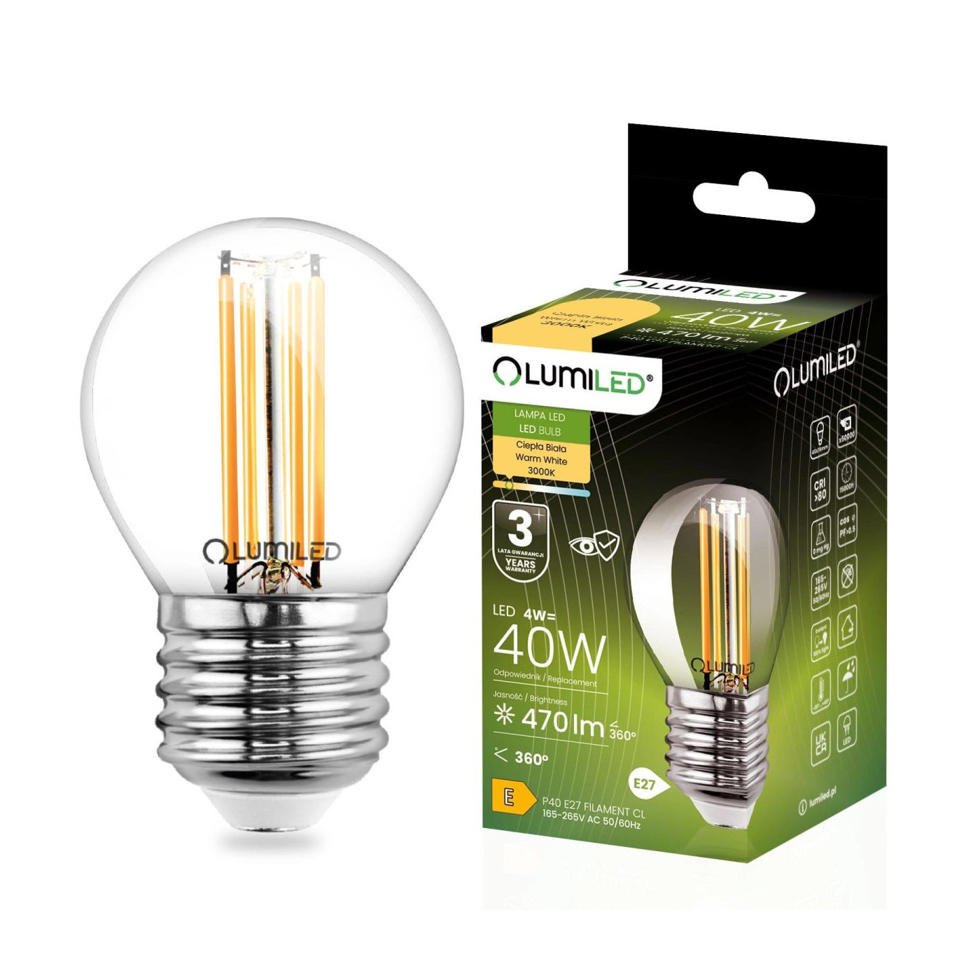 Żarówka LED E27 Kulka P45 4W 470lm 3000K Ciepła 360° Lumiled
