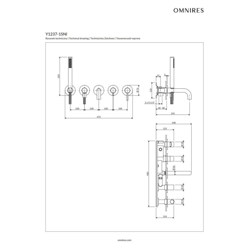 Bateria Wannowa 5-Otworowa Podtynkowa Y Nikiel Y1237-1SNI Omnires