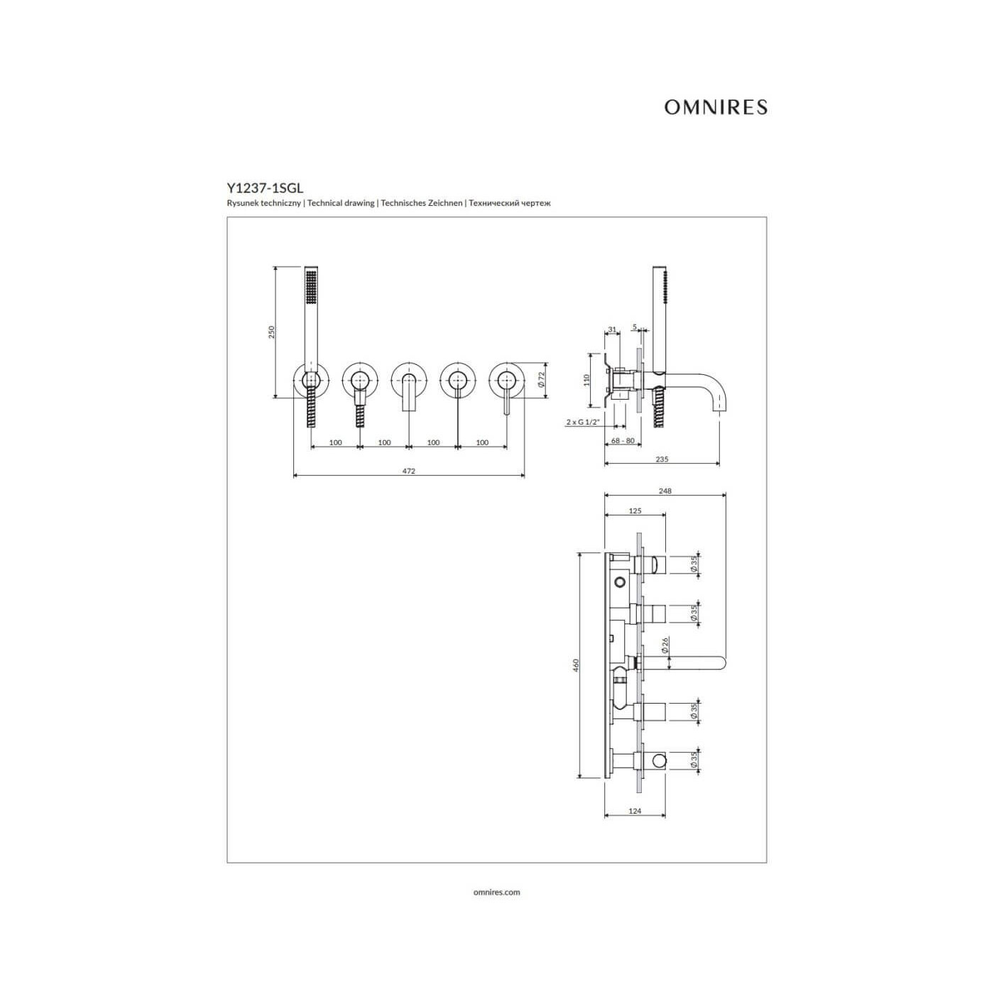 Bateria Wannowa 5-Otworowa Podtynkowa Y Złoty Y1237-1SGL Omnires
