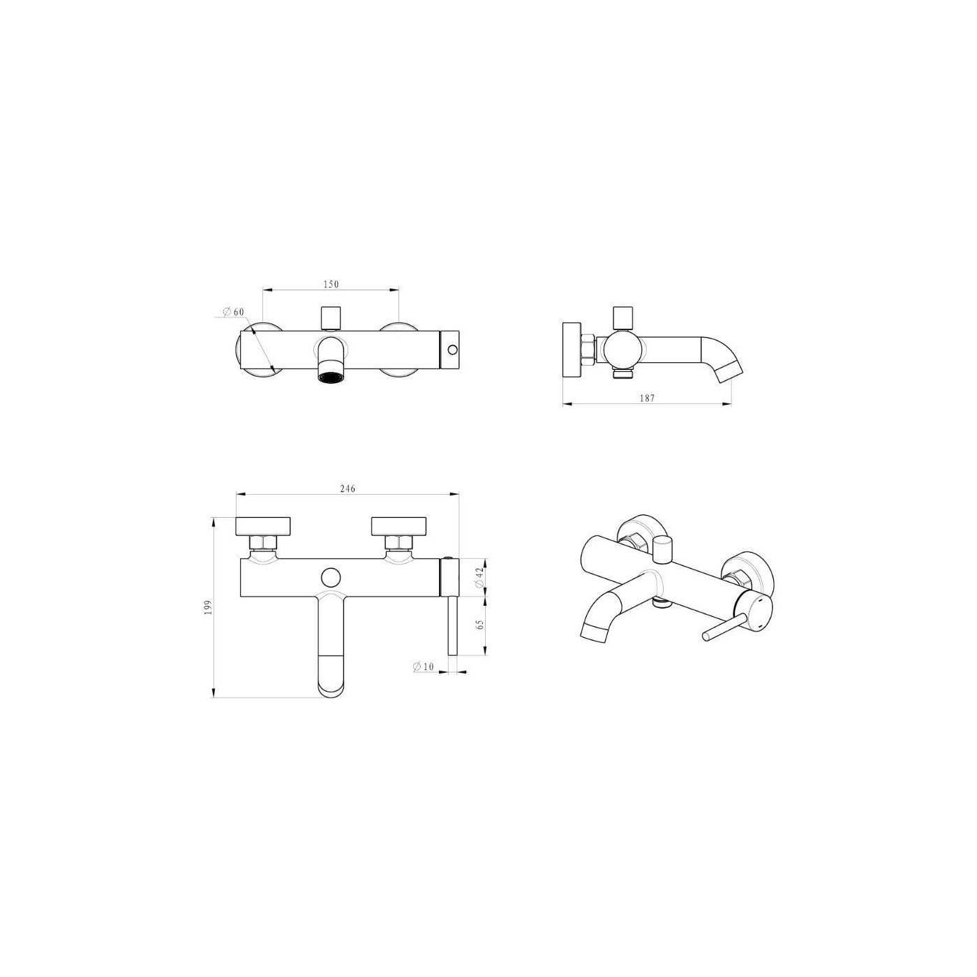 Bateria Wannowa Ścienna Bez Zestawu Prysznicowego Fly Gun Metal 03030BN Emporia