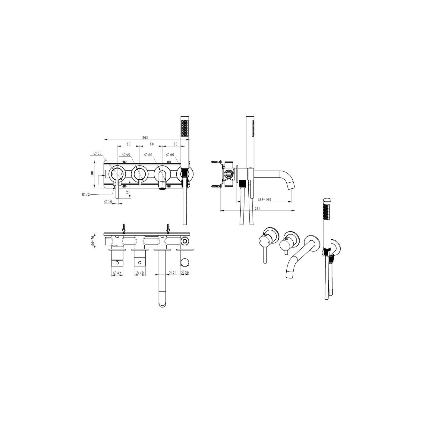 Bateria Wannowa Podtynkowa 4-Otworowa Z Boxem I Z Zestawem Prysznicowym Fly Gun Metal 03032BN Emporia
