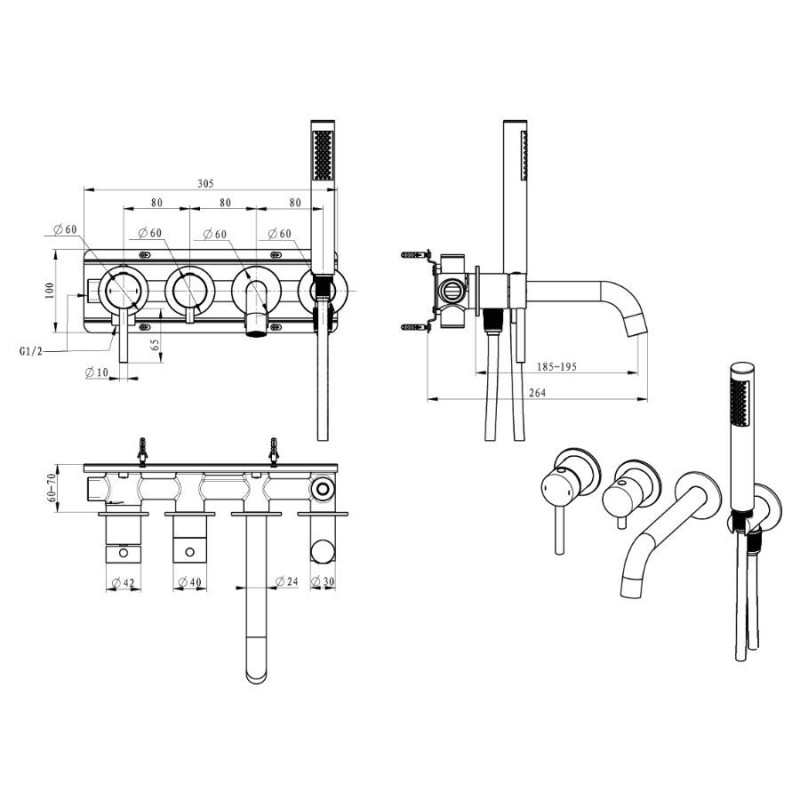 Bateria Wannowa Podtynkowa 4-Otworowa Z Boxem I Z Zestawem Prysznicowym Fly Gun Metal 03032BN Emporia