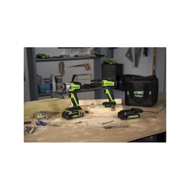 Zestaw Wiertarko-wkrętarka Gd24Dd35K2 + Ładowarka + Aku 2 Ah + Walizka 24V GR3704007UA Greenworks