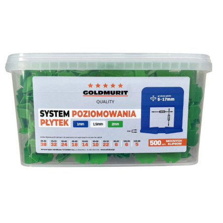 System Poziomowania Płytek Klipsy Rozmiar 2mm Zielone Opakowanie 500 sztuk Goldmurit
