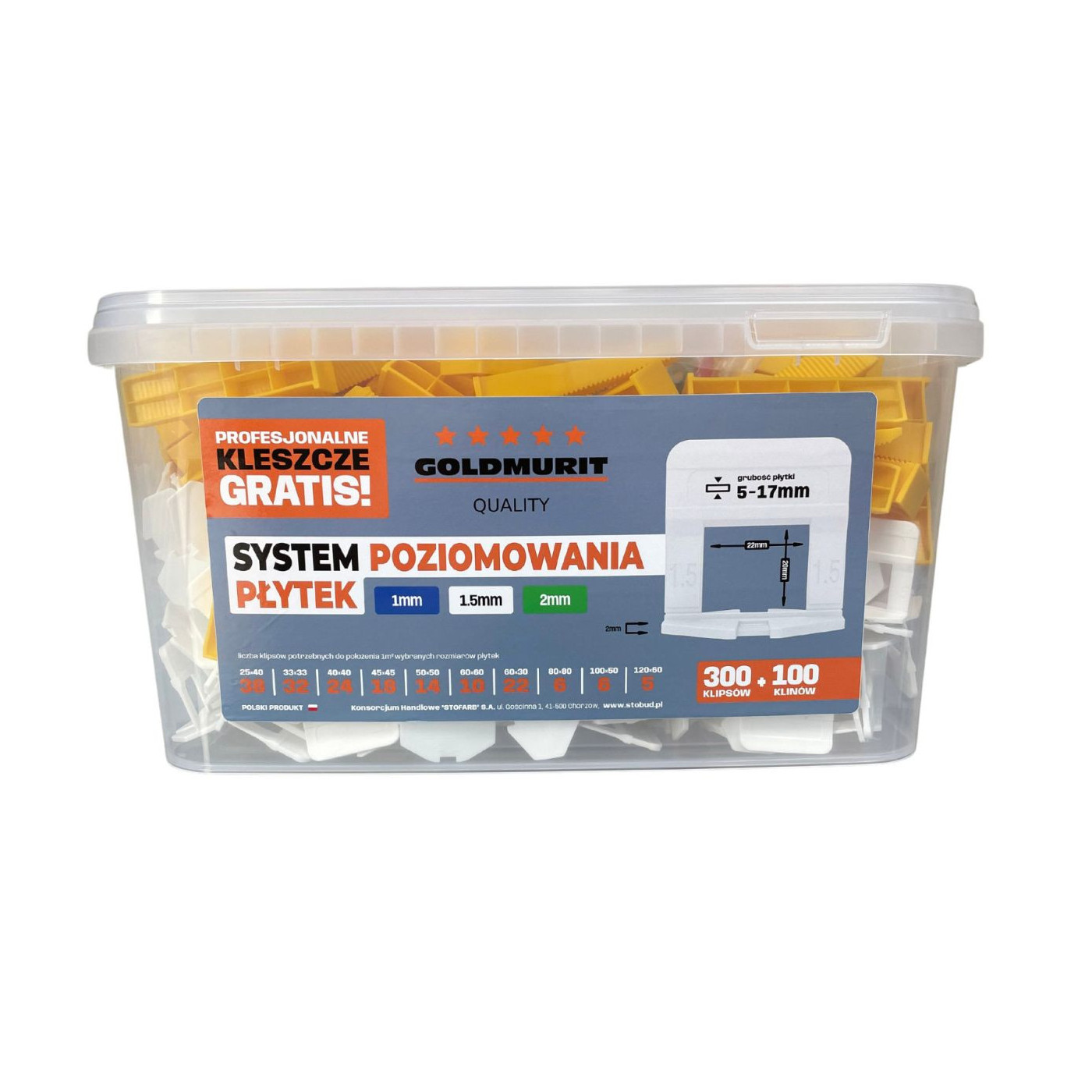 System Poziomowania Płytek Rozmiar 1,5mm Klipsy (300) Białe + Kliny (100)+ Kleszcze Goldmurit