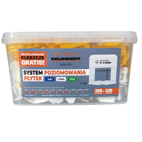 System Poziomowania Płytek Rozmiar 1,5mm Klipsy (300) Białe + Kliny (100)+ Kleszcze Goldmurit