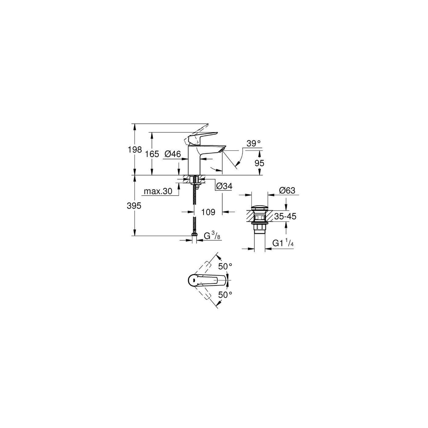 Bateria Umywalkowa Rozmiar S z korkiem klik-klak Start FastFixation 23550002 Grohe