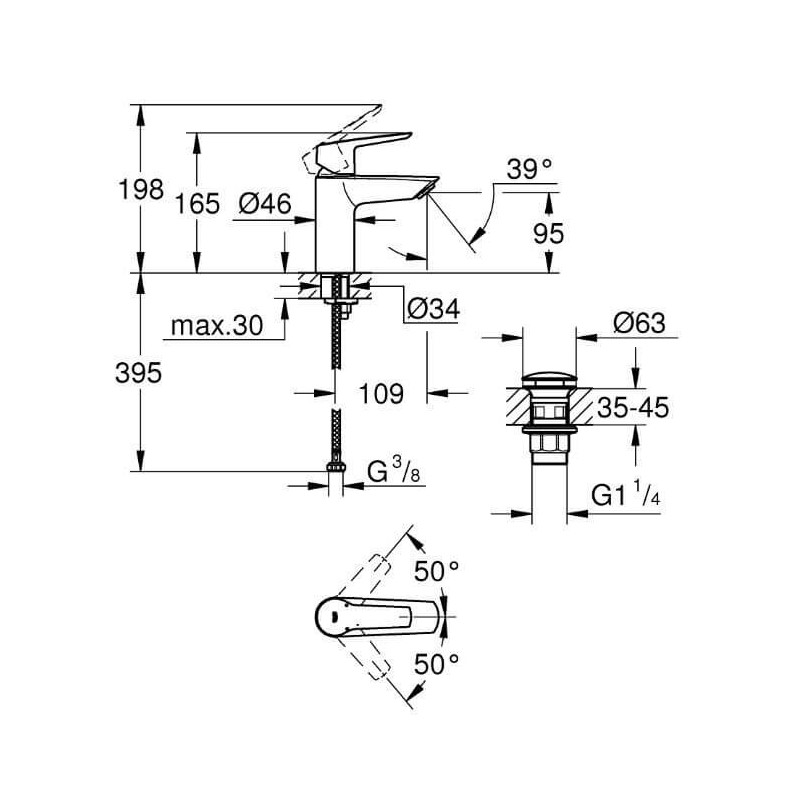 Bateria Umywalkowa Rozmiar S z korkiem klik-klak Start FastFixation 23550002 Grohe