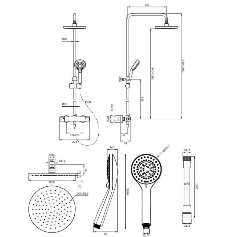 Termostatyczny System Prysznicowy Natynkowy Czarny Y1244LUXLBL Omnires