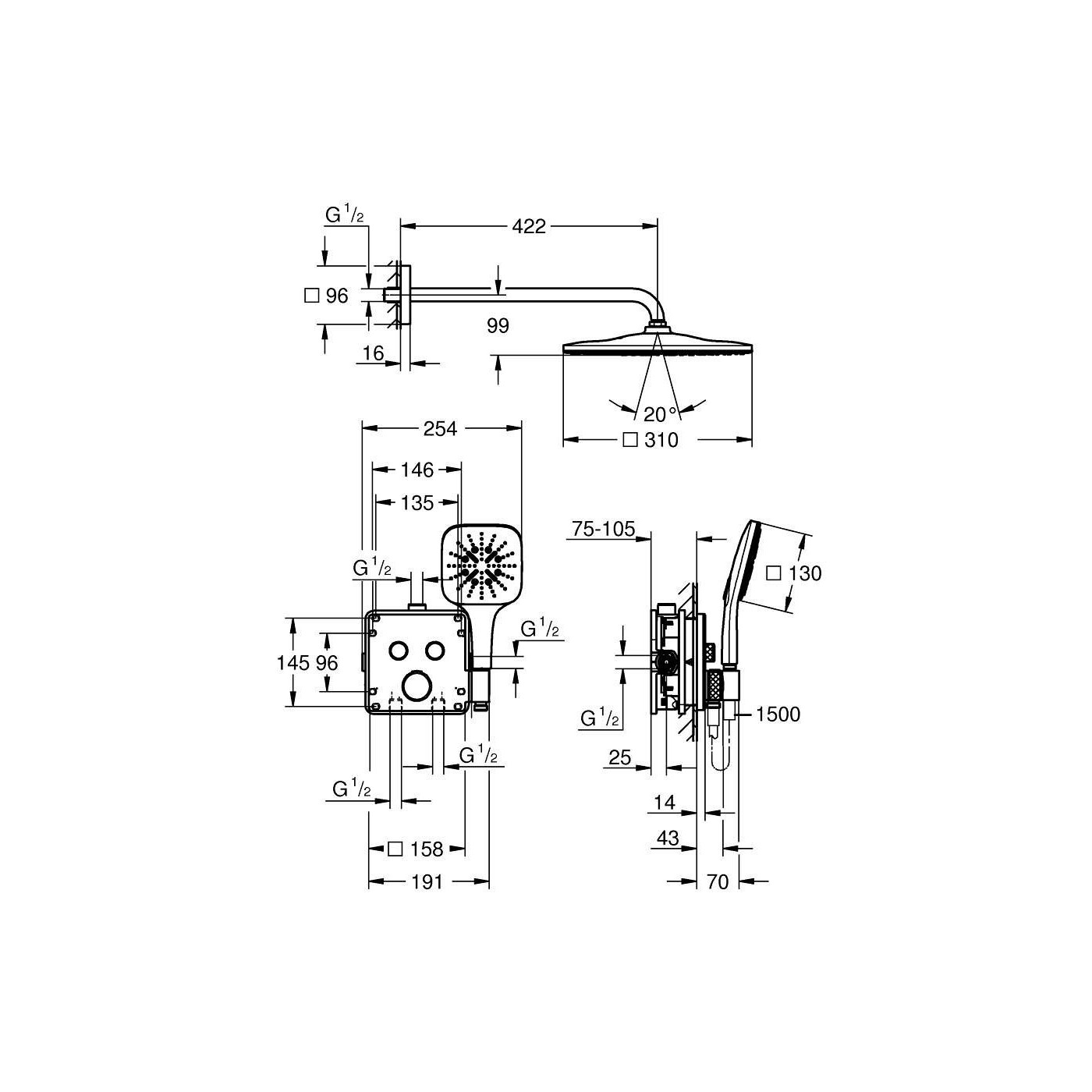 Zestaw Prysznicowy Grohtherm SmartControl Podtynkowy Z Deszczownicą Rainshower Mono 310 Cube 34865000 Grohe